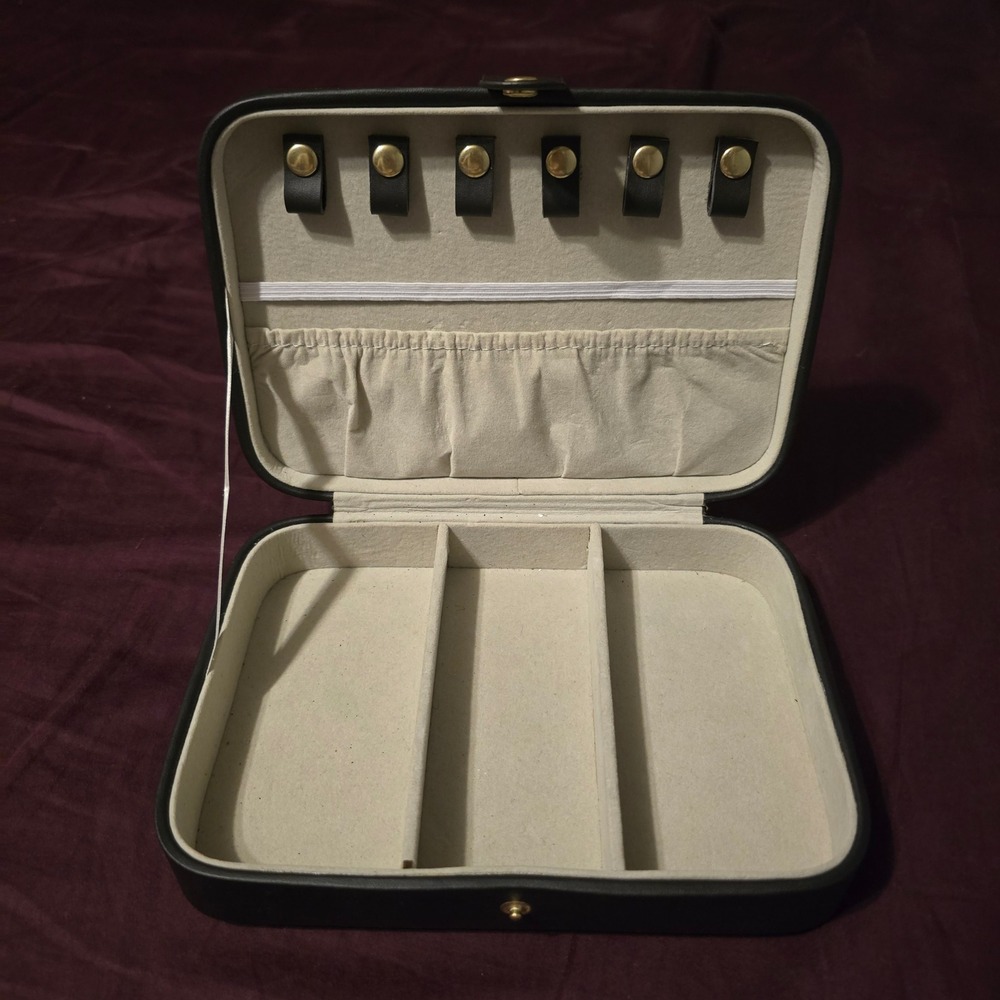 Jewelry Case 8x5 Travel Organizer Mens Black Faux Leather Snap Divided